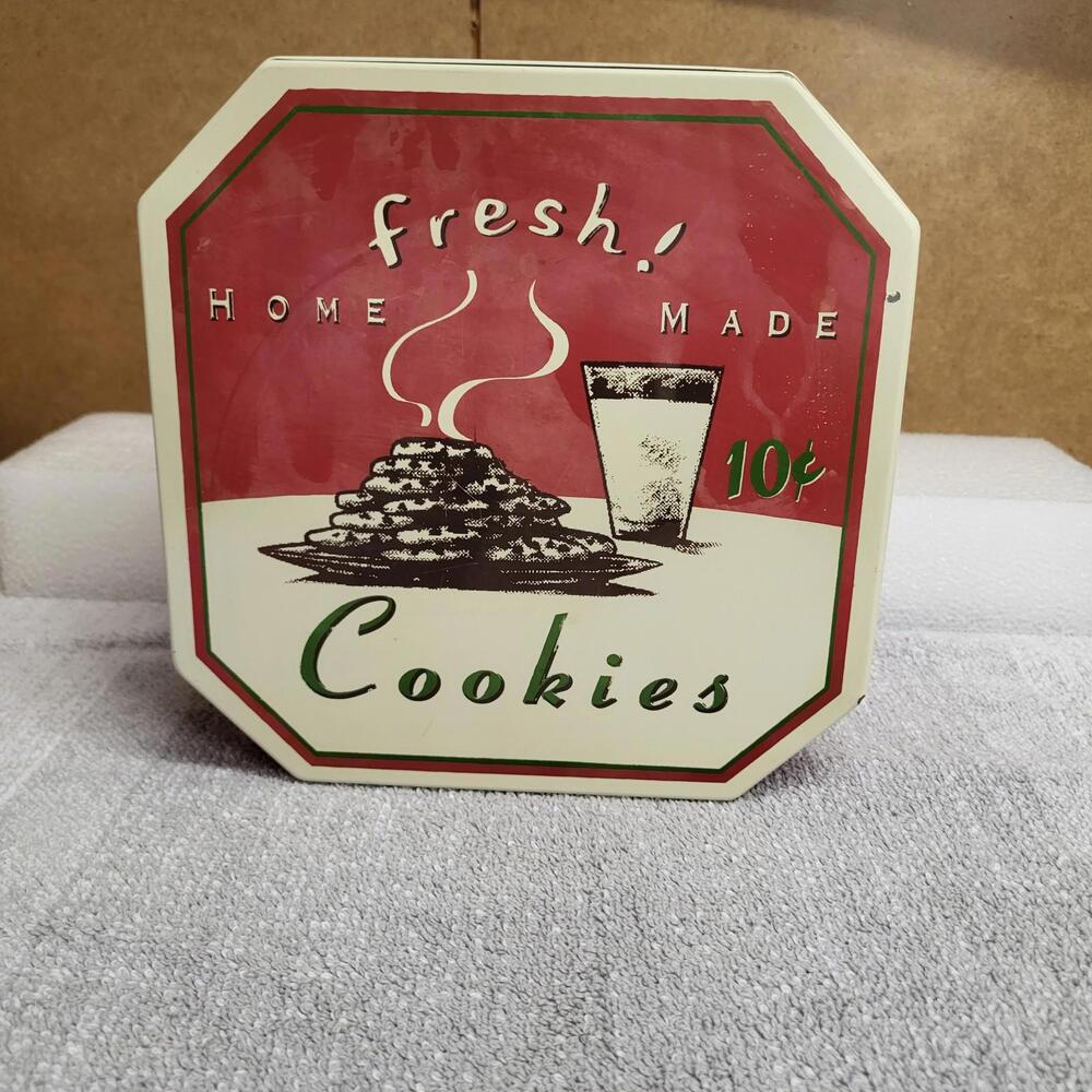 vintage-style "Fresh Home Made Cookies" octagonal metal tin  red beige  brown